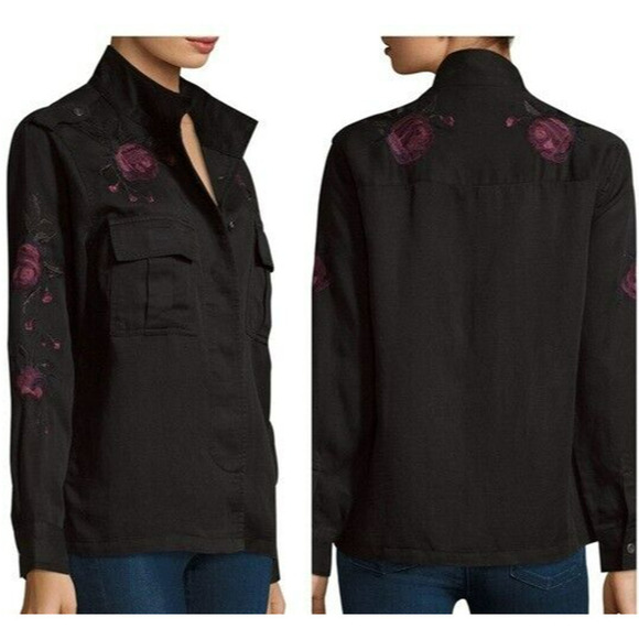 Rails Tops - Rails Elliot Embroidered Utility Shirt Jacket Sz XS Black Metallic Roses Shacket